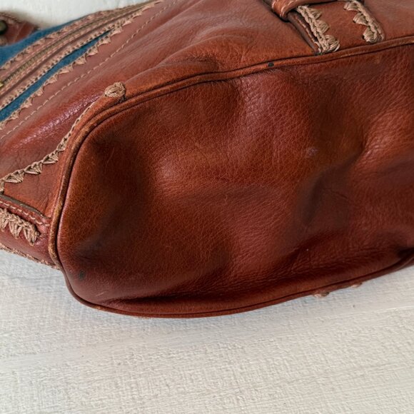 Isabella Fiore Boho Leather Canvas Satchel Brown Blue Whipstitch Crossbody - Picture 8 of 15